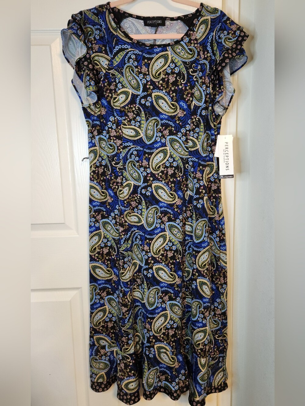 Perceptions Black, Blue and Green Paisley Midi Dress PXL